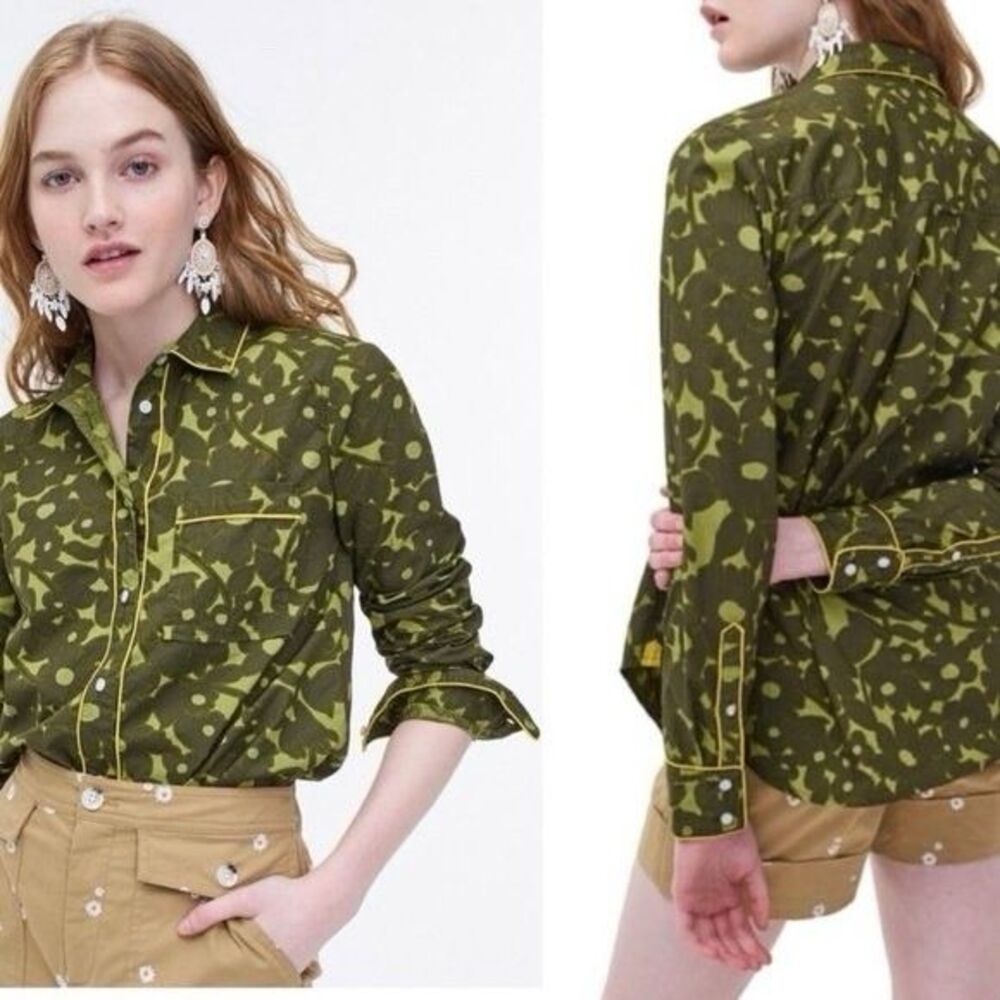 J. Crew Womens M Olive Green Camo Floral Long Sleeves Button Up Shirt Pockets